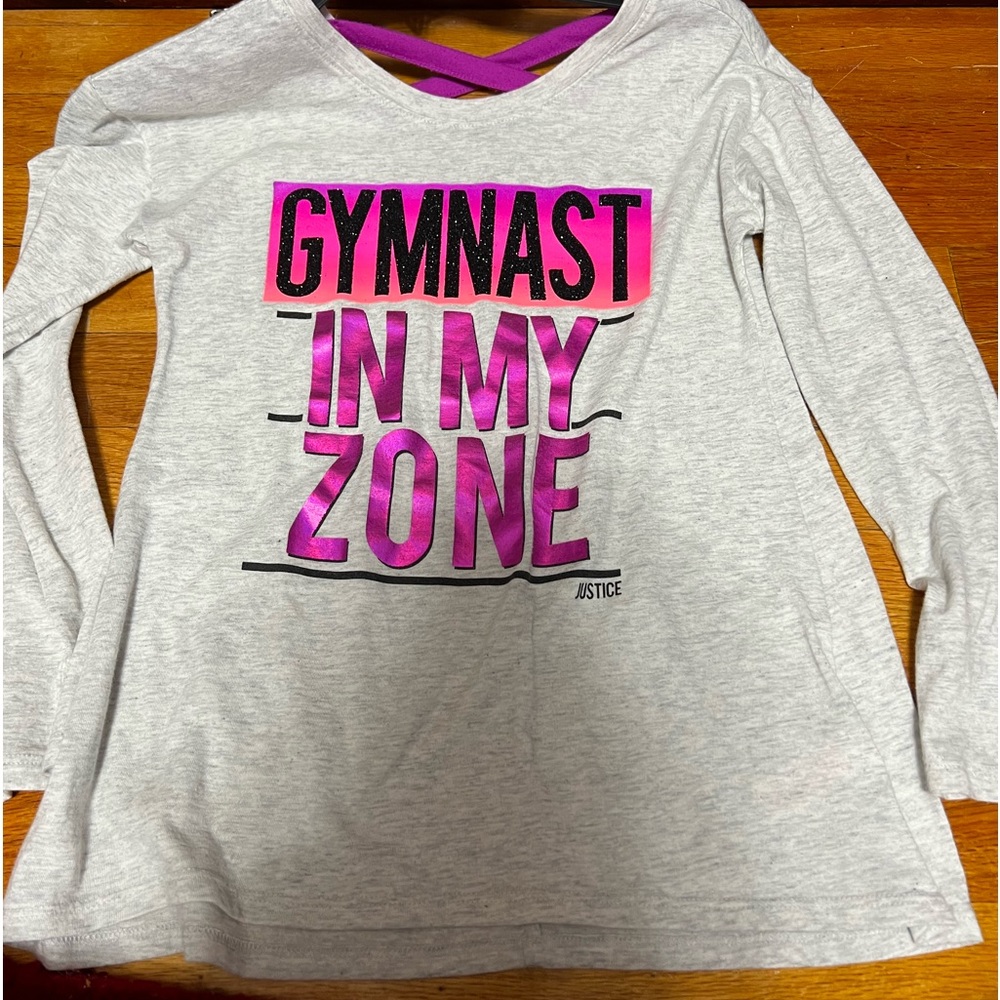 Justice girls, gymnastics, long sleeve graphic tee shirt. Gray and pink size 8.